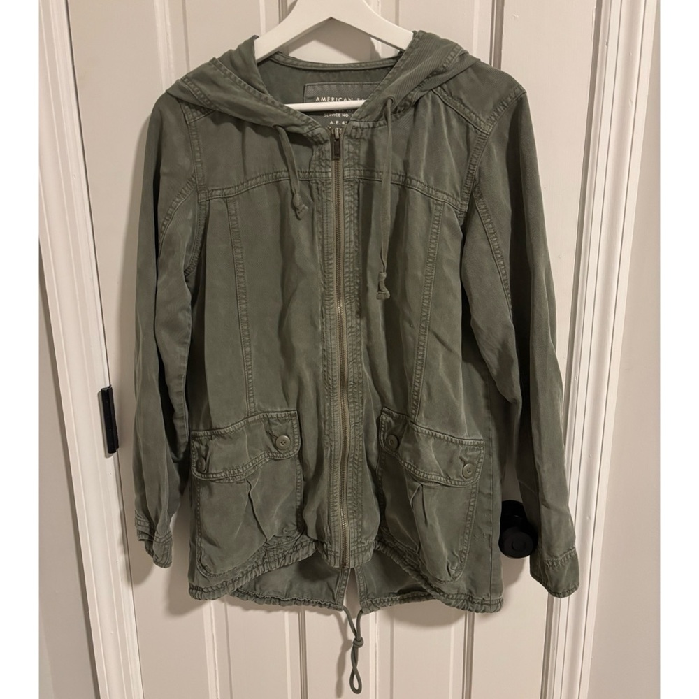 American Eagle Jacket Womens Medium Full Zip Army Utility Hooded Pockets Green